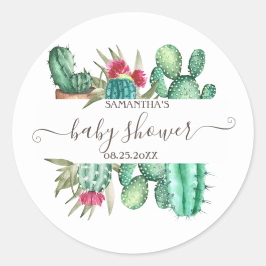 Sticker Rond Baby shower de cactus aquarelle (Devant)