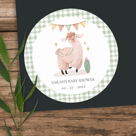 Sticker Rond Baby shower de Cactus Boho Llama Vert Cute