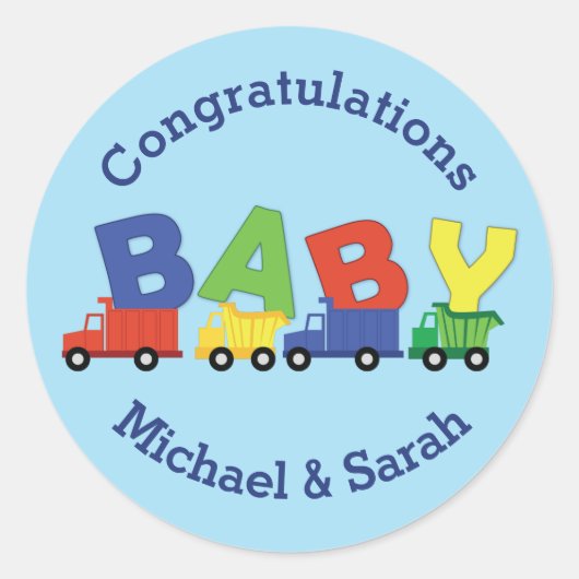 Sticker Rond Baby shower de camions (Devant)