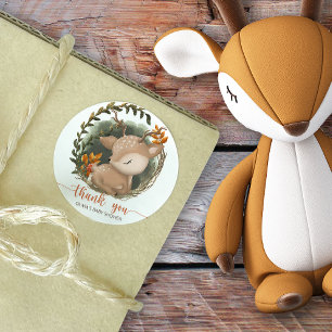 Sticker Rond Baby shower de cerfs de bois couché Merci