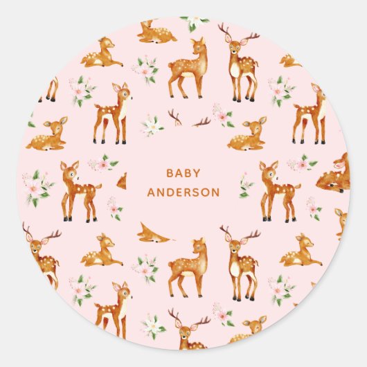 Sticker Rond Baby shower de cerfs roses (Devant)