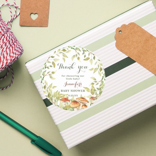Sticker Rond Baby shower de champignons de bois Merci
