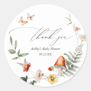 Sticker Rond Baby shower de champignons de forêt enchantés