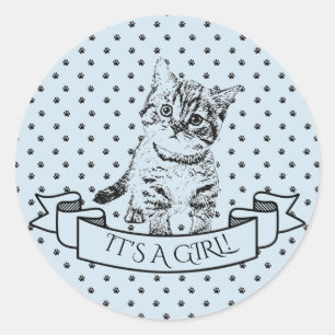 Sticker Rond Baby shower de chat bleu Cute Kitten