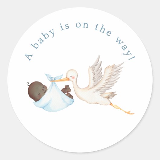 Sticker rond Baby shower de cigogne bleue (Devant)