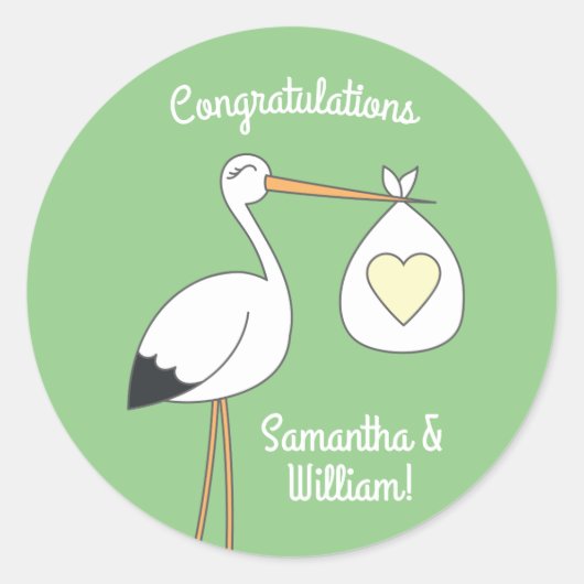 Sticker Rond Baby shower de cigogne vert (Devant)