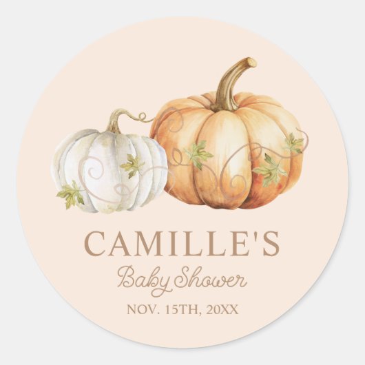 Sticker Rond Baby Shower de Citrouille d'Automne (Devant)