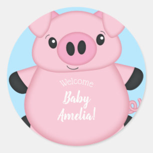 Sticker Rond Baby shower de cochon bleu