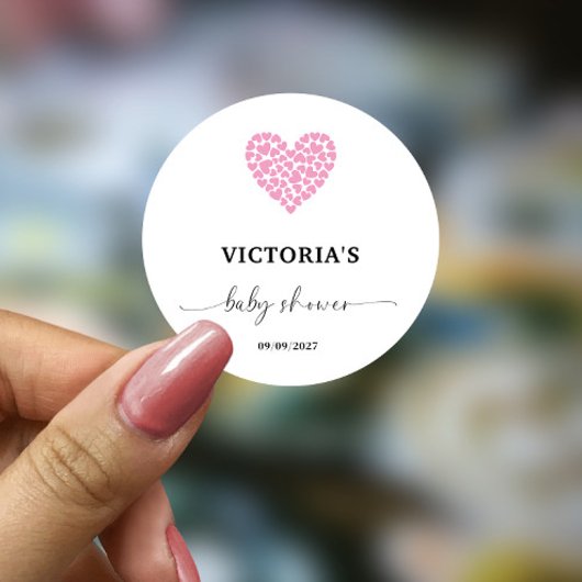 Sticker Rond Baby shower de coeur rose