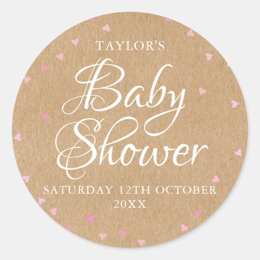 Sticker Rond Baby shower de coeur rose kraft rustique (Devant)
