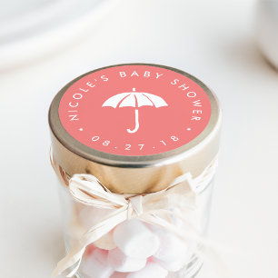 Sticker Rond Baby shower de corail et parapluie blanc