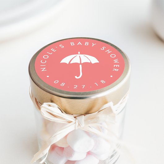 Sticker Rond Baby shower de corail et parapluie blanc