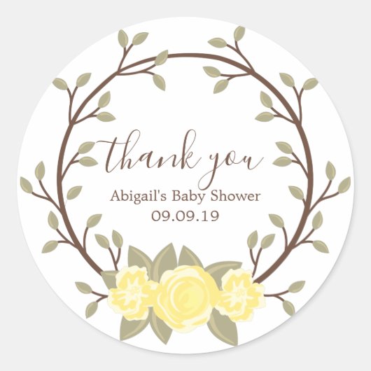 Sticker Rond Baby shower de couronne fleurie jaune mignon (Devant)