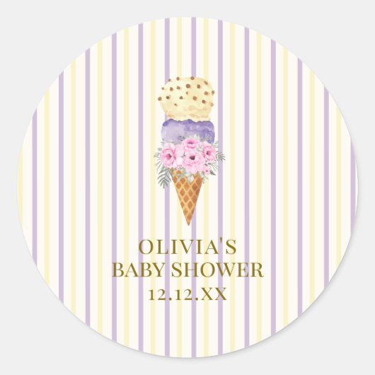 Sticker Rond Baby shower de crème glacée jaune violet (Devant)