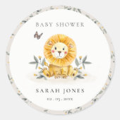 Sticker Rond Baby shower de feuillage de Lion d'aquarelle bois  (Devant)