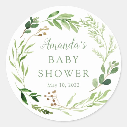 Sticker Rond Baby shower de feuilles vertes botaniques (Devant)