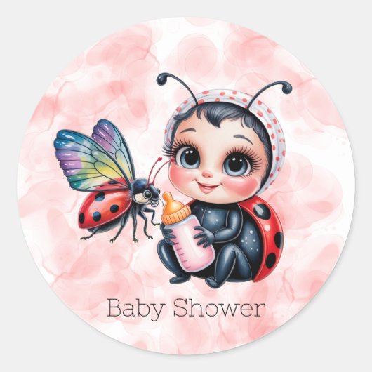 Sticker Rond Baby shower de fille de coccinelle et papillon (Devant)
