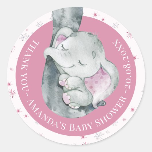 Sticker Rond Baby shower de fille d'hiver Pink Snowflake Elépha (Devant)