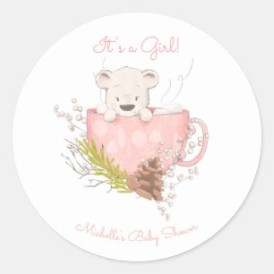 Sticker Rond Baby shower de fille d'ours d'hiver rose