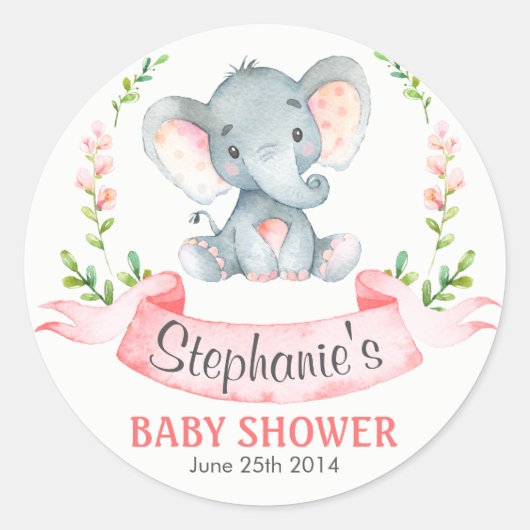 Sticker Rond Baby shower de fille Eléphant Aquarelle (Devant)