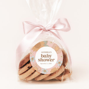 Sticker Rond Baby shower de fille Fleur sauvage rétros