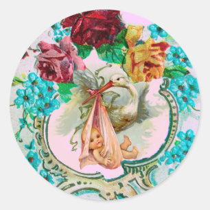 STICKER ROND BABY SHOWER DE FILLES EN STORK ROSES ROSES ROSES E