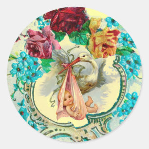 STICKER ROND BABY SHOWER DE FILLES EN STORK ROSES ROSES ROSES E