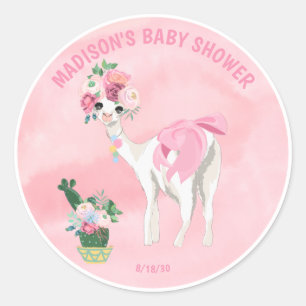 Sticker Rond Baby shower de filles Llama Alpaca rose