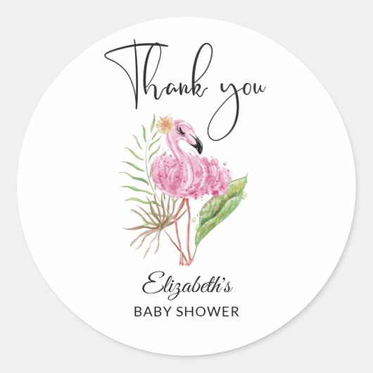 Sticker Rond Baby shower de Flamant rose rose tropicale aquarel (Devant)