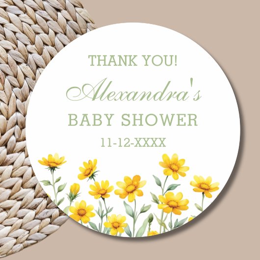 Sticker Rond Baby shower de Fleur sauvage de Merci de Boho jaun
