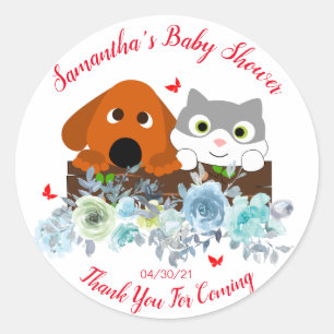 Sticker Rond Baby shower De Fleurs Bleues Chat Et Chien
