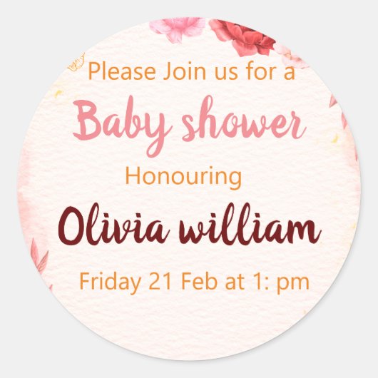 Sticker Rond Baby shower de fleurs d'aquarelle rose bordeaux (Devant)
