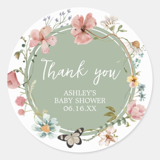 Sticker Rond Baby shower de fleurs de bébé vert Sage (Devant)