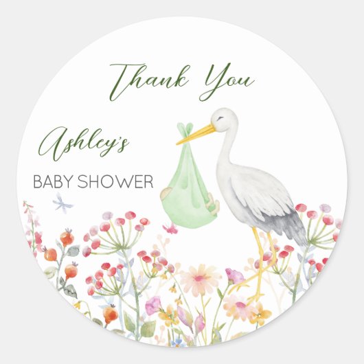 Sticker Rond Baby shower de fleurs printanières de cigogne spéc (Devant)