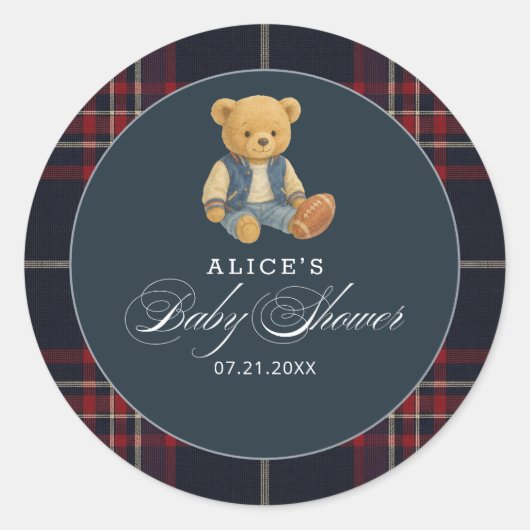 Sticker Rond Baby shower de football de Preppy Bear (Devant)