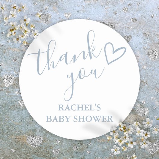 Sticker Rond Baby shower de garçon bleu Dusty Script Merci de c