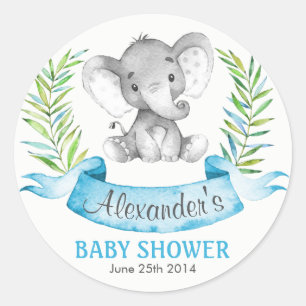 Sticker Rond Baby shower de garçon d'éléphant d'aquarelle