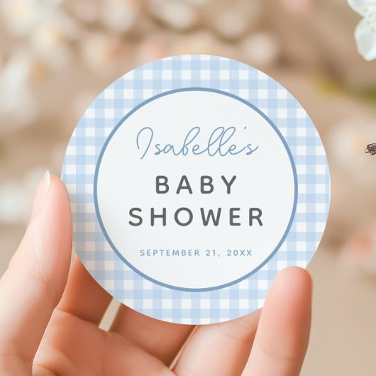 Sticker Rond Baby shower de garçon En vichy bleu