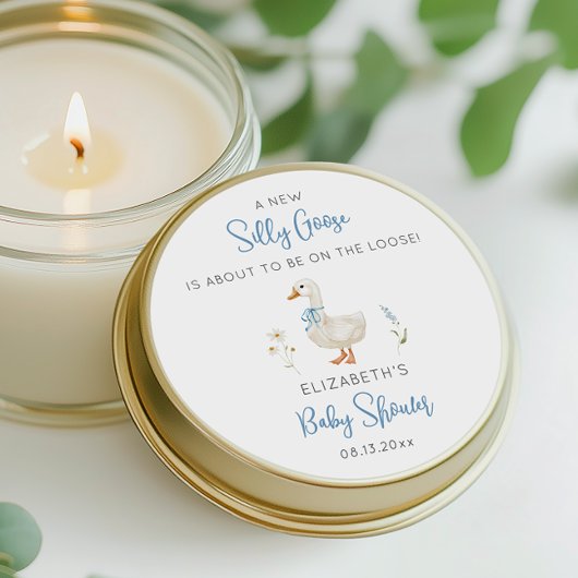 Sticker Rond Baby shower de garçon Fleur sauvage sot Goose Blue