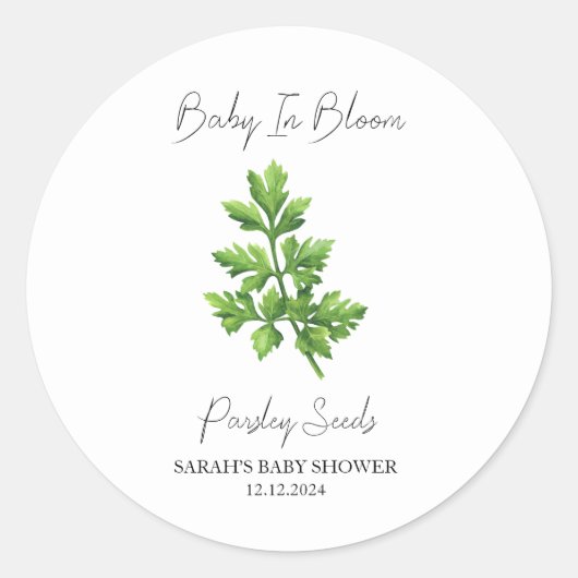 Sticker Rond Baby shower de graines de persil en fleurs (Devant)