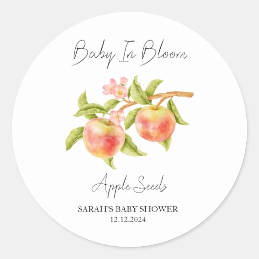 Sticker Rond Baby shower de graines de pomme en fleurs (Devant)