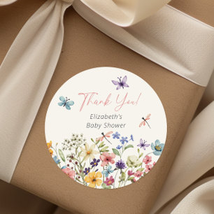 Sticker Rond Baby shower de jardin papillon fleur sauvage