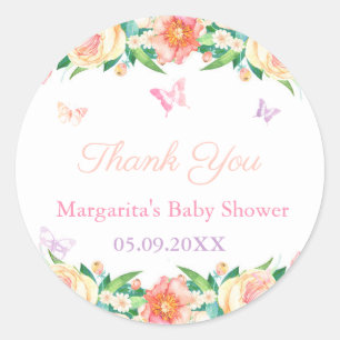 Sticker Rond Baby shower de la petite fille du jardin des papil