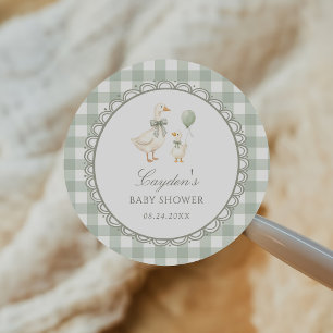 Sticker Rond Baby Shower de la Poule Idiote à Carreaux Vert Sau