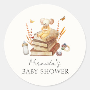 Sticker Rond Baby shower de la souris de livre Boho neutre pour