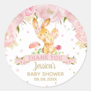 Sticker Rond Baby shower de lapin rose Floral fille Merci