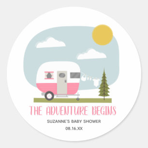 Sticker Rond Baby shower de ligne de vêtements de camping rose