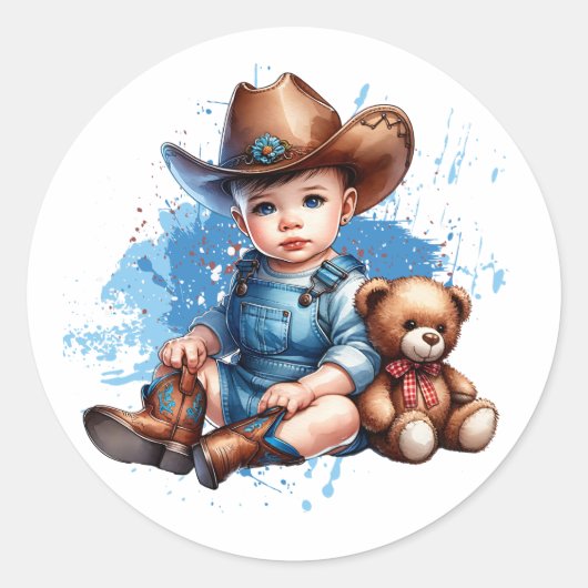 Sticker Rond Baby shower de Little Cowboy et Teddy Bear (Devant)