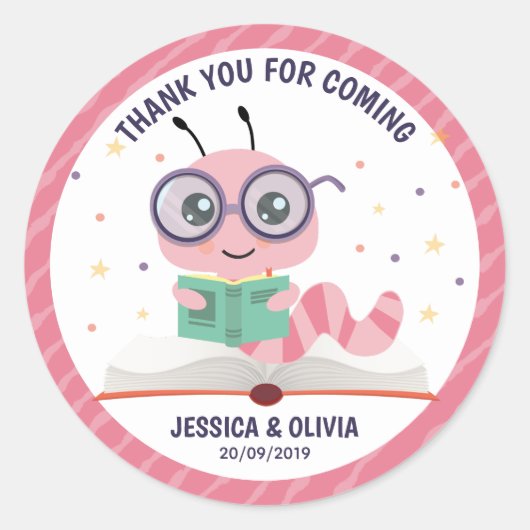 Sticker Rond Baby shower de livre Pink Bookworm (Devant)