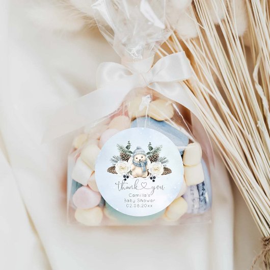 Sticker Rond Baby shower de l'ours polaire d'hiver